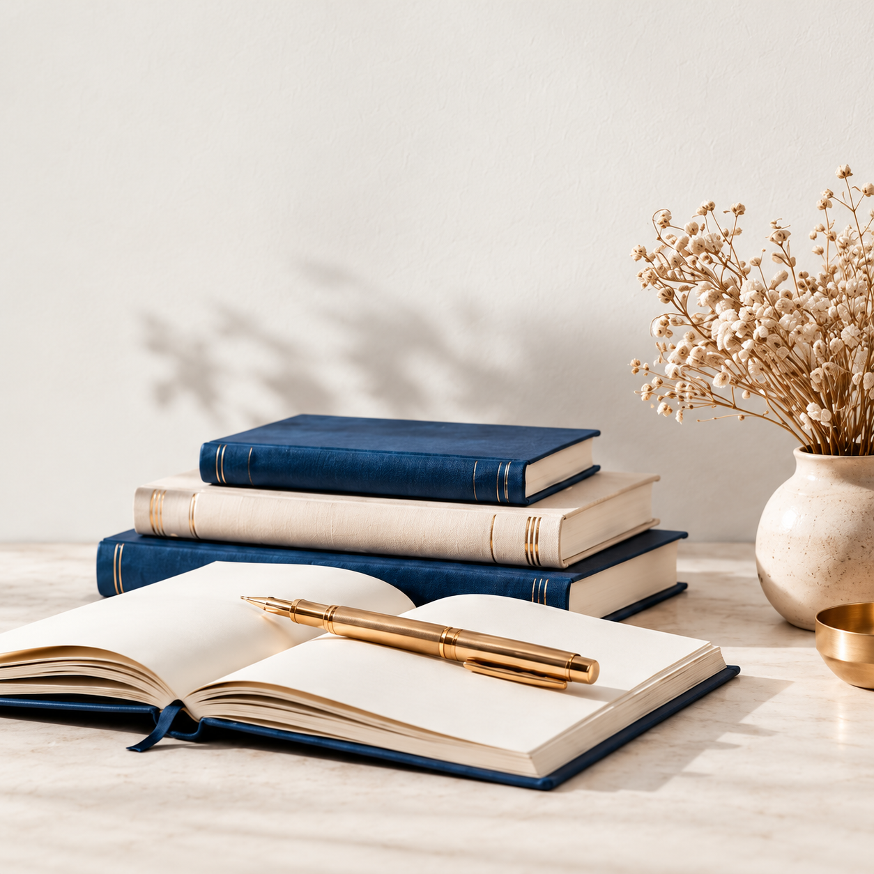 An open journal, navy and cream books, and a gold pen in warm natural light